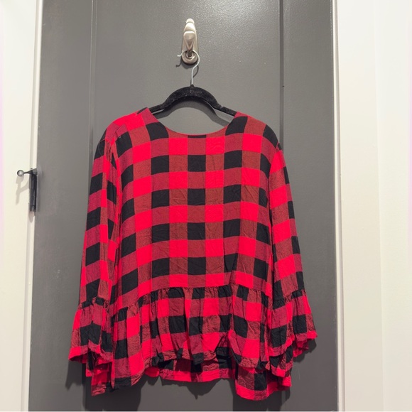 Buffalo plaid ruffle peplum long sleeve red black blouse L - Picture 9 of 9
